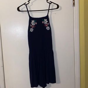 Navy blue flower embroidered one piece set.